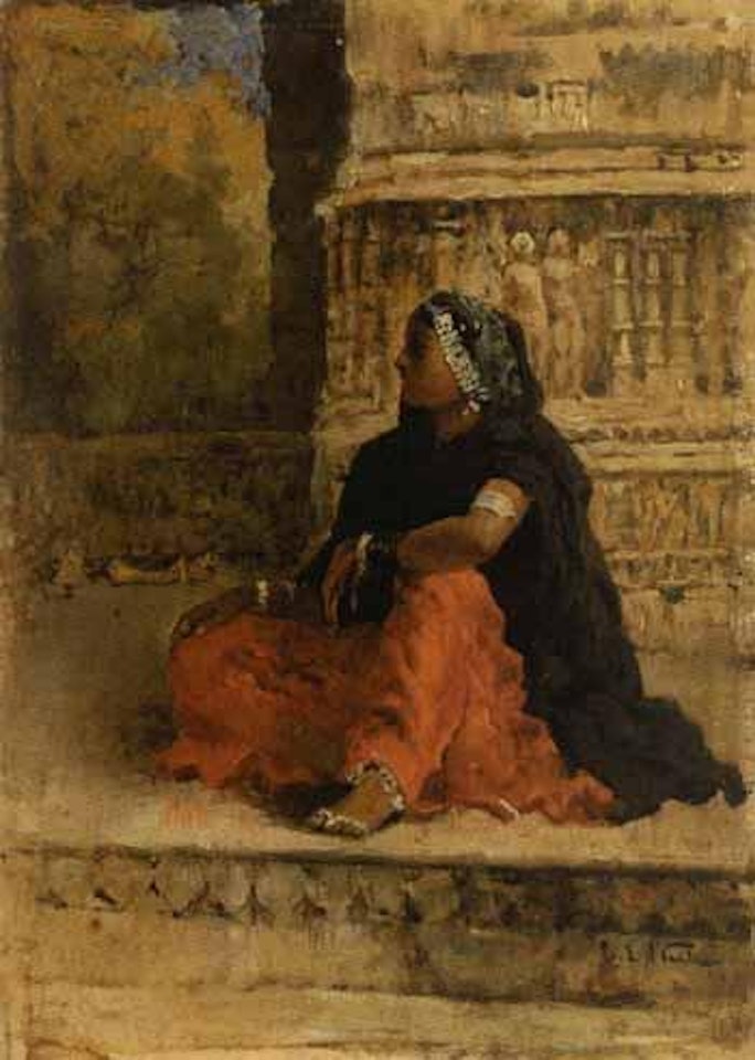 Femme Indienne assise devant un temple by Edwin Lord Weeks