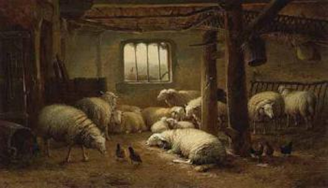 Stable interior with sheep and hens by Eugène Joseph Verboeckhoven