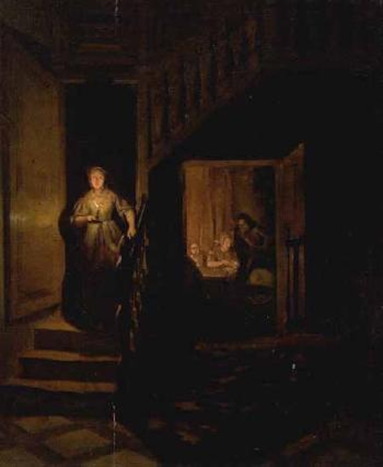 Interior scene with a family by candlelight by Petrus van Schendel