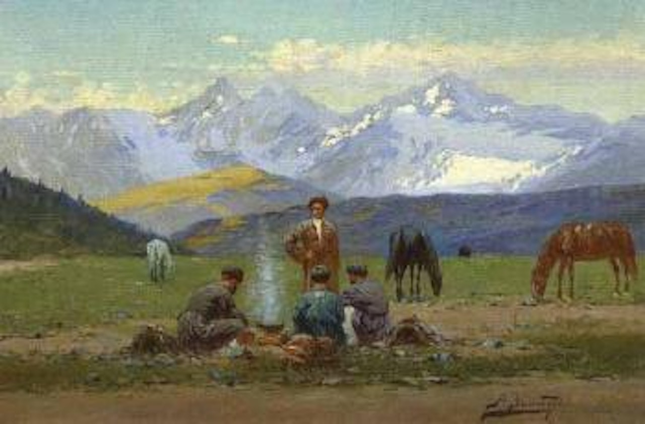 Cooking an evening meal in the Caucasus Mountains by Richard Karlovich Zommer