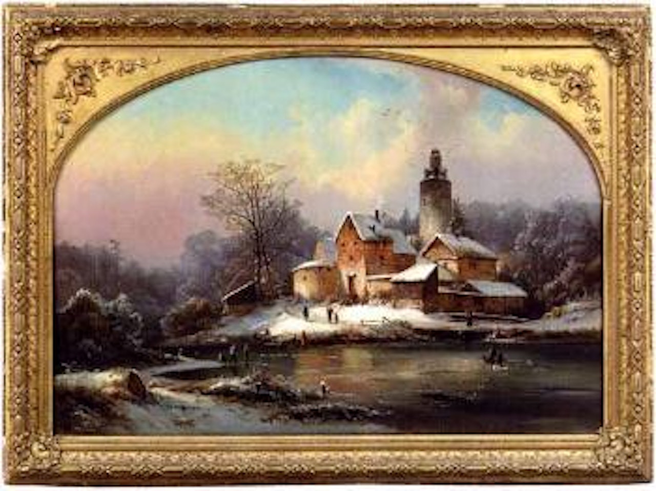 Winter landscape with figures beside a river at sunset by Anton Doll