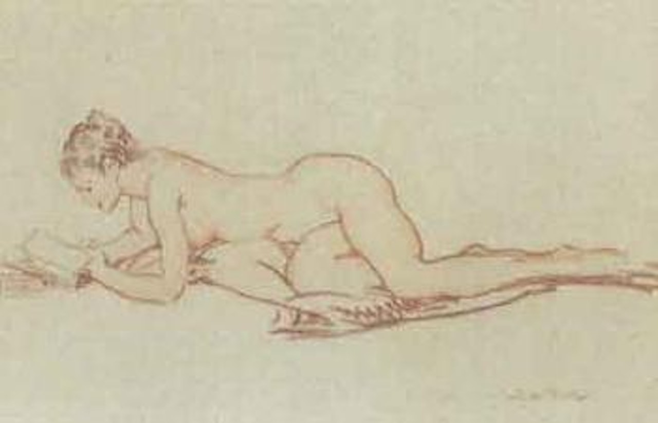 Reclining female nude reading by William Russell Flint