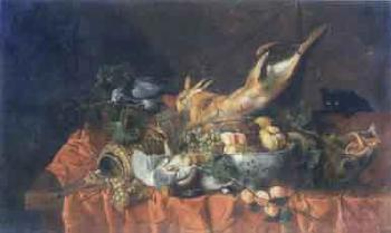 Bowl of fruit and wine jar upon cloth-covered table ledge, surrounded by dead hare, wild boar by Flemish School