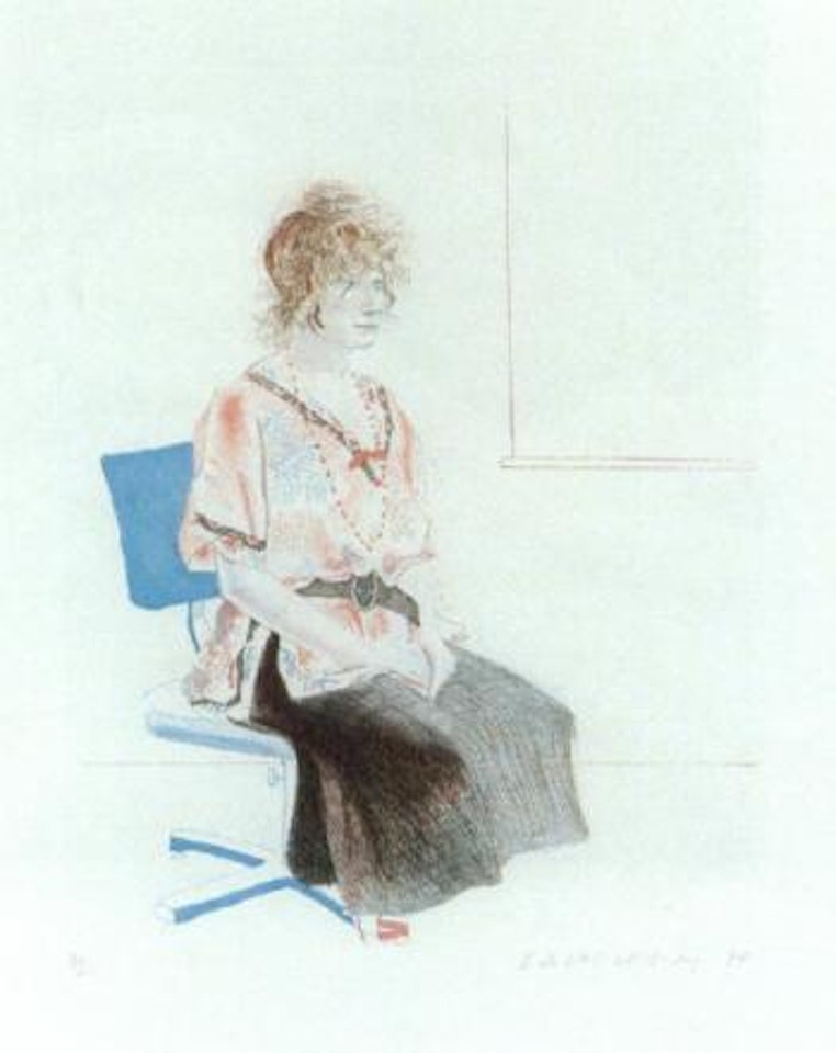Celia seated on an office chair by David Hockney