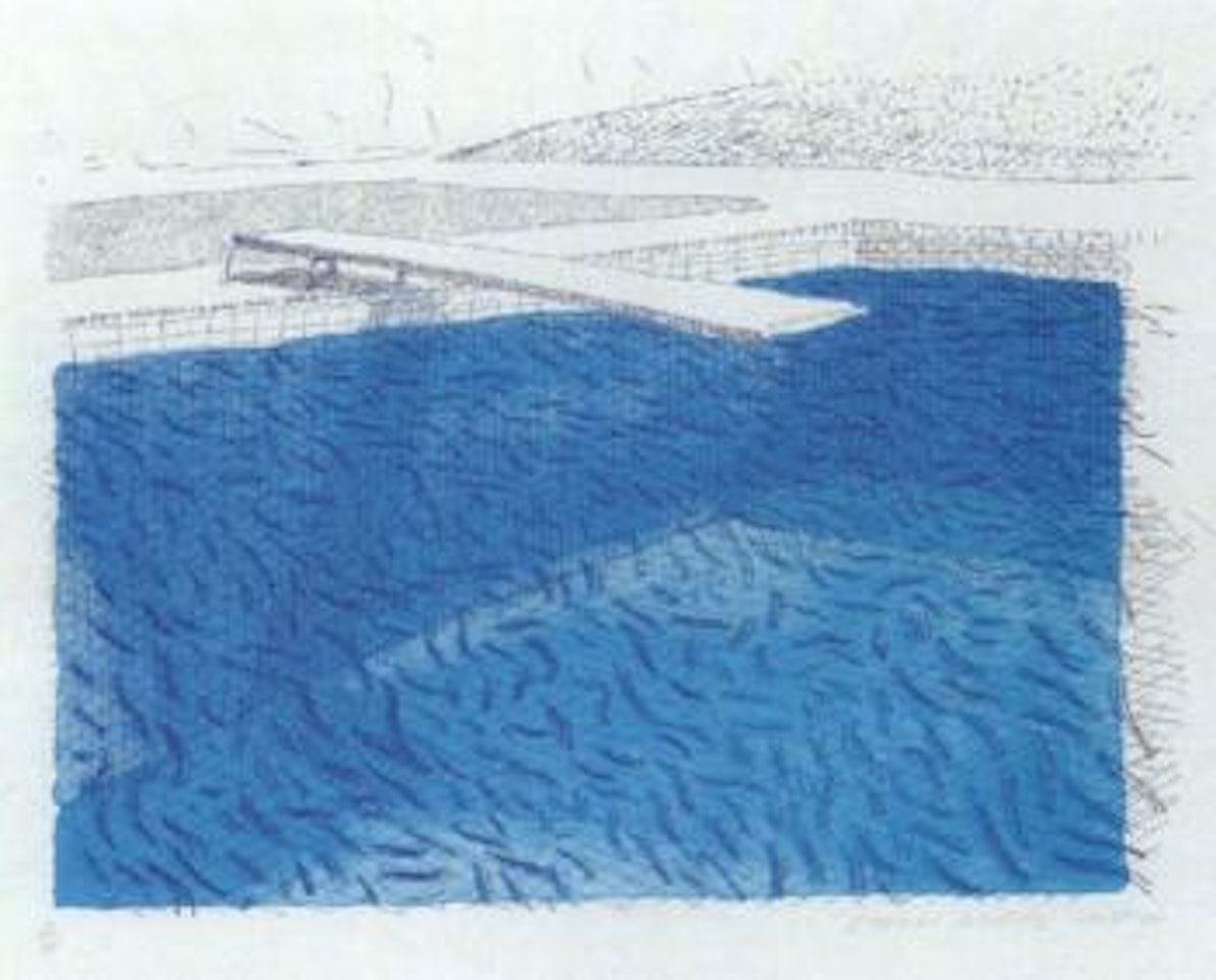 Lithographic water made of lines, crayon and two blue washes without green wash by David Hockney