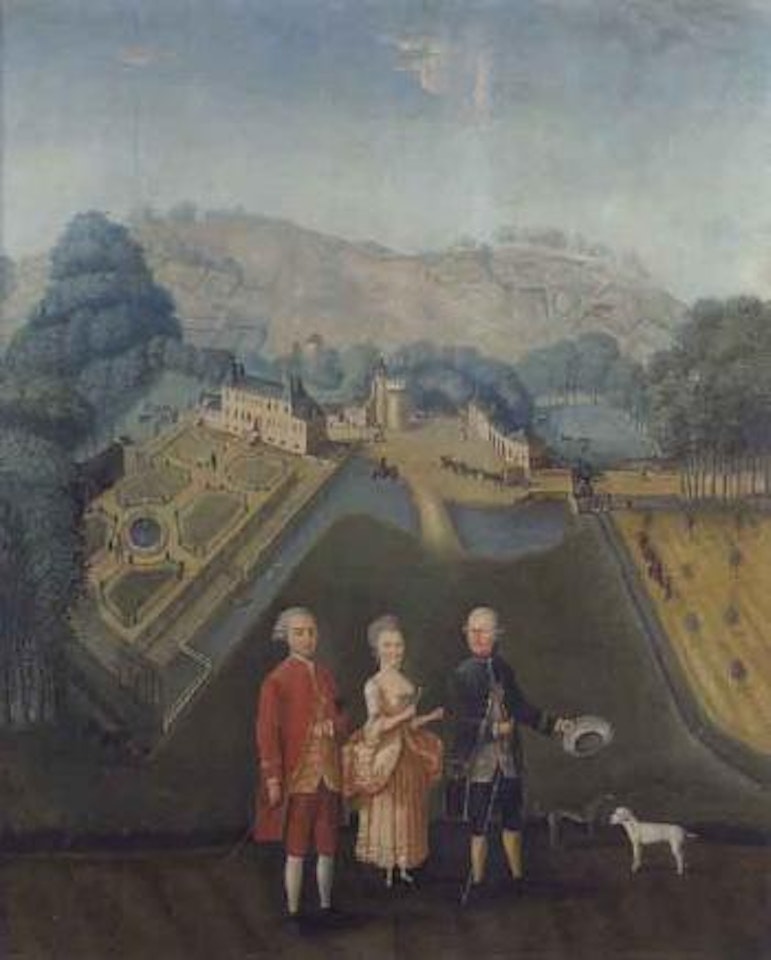 Gentilshommes dans un parc pres de chateau by French School