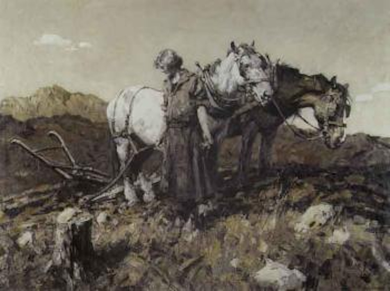 Standing pioneer woman with horse team and plough by Frank B. Hoffman