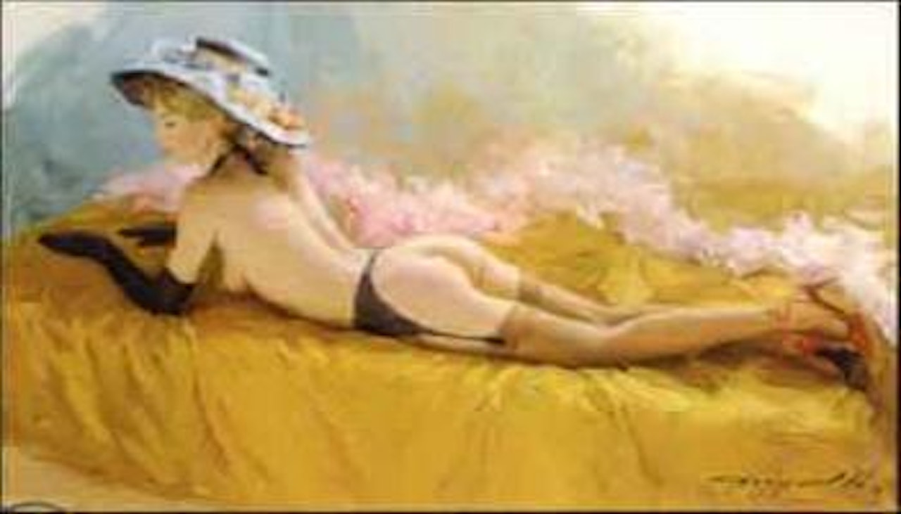 Reclining nude on a yellow bed by Constantin Razoumov