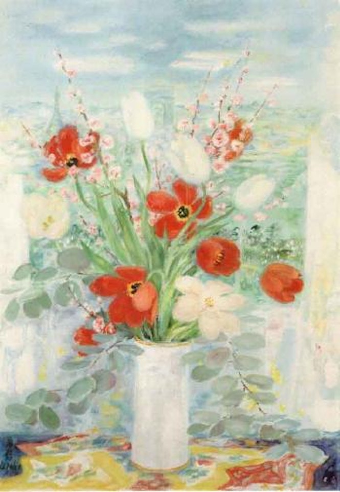 Bouquet of tulips, Eiffel tower beyond by Le Pho