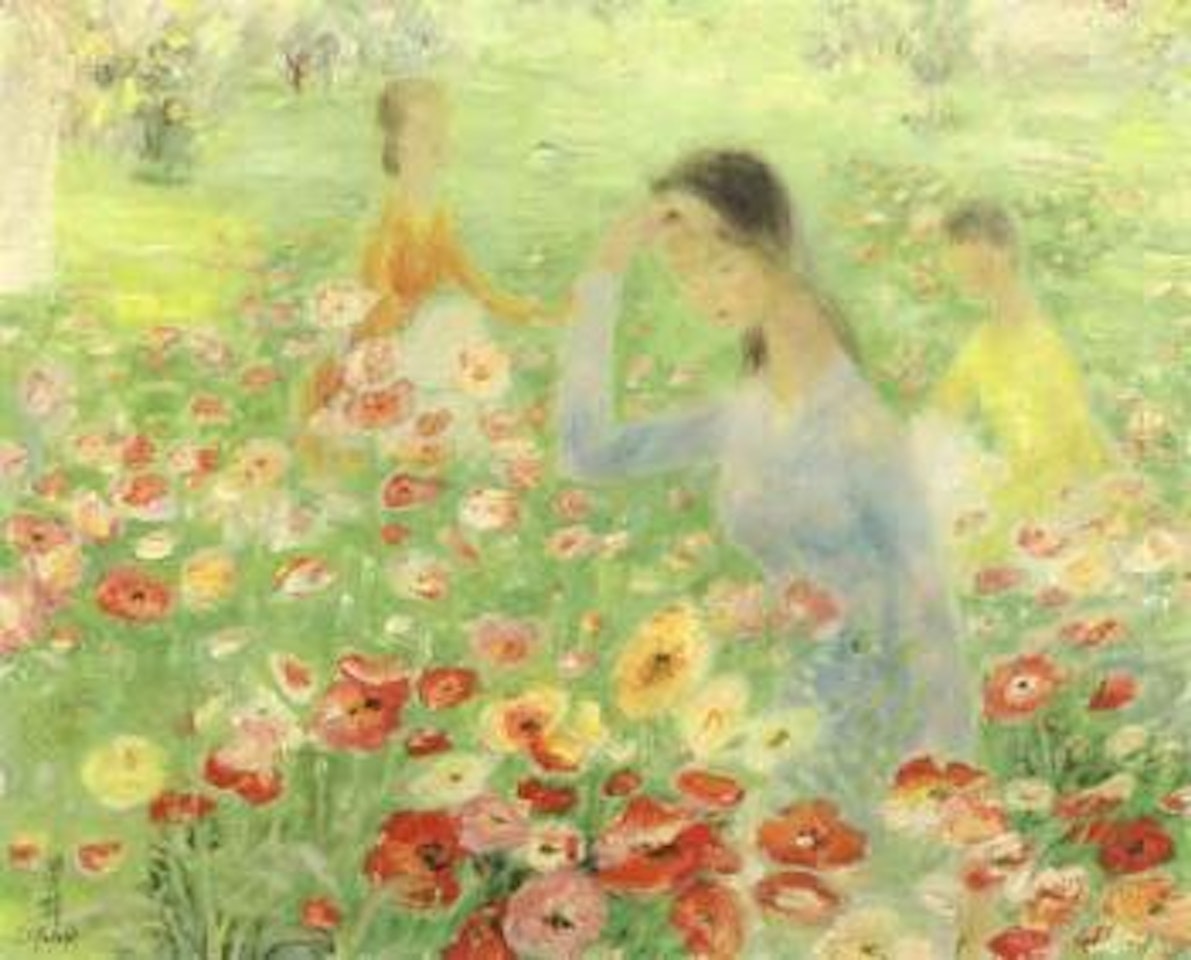 Three women in poppy field by Le Pho