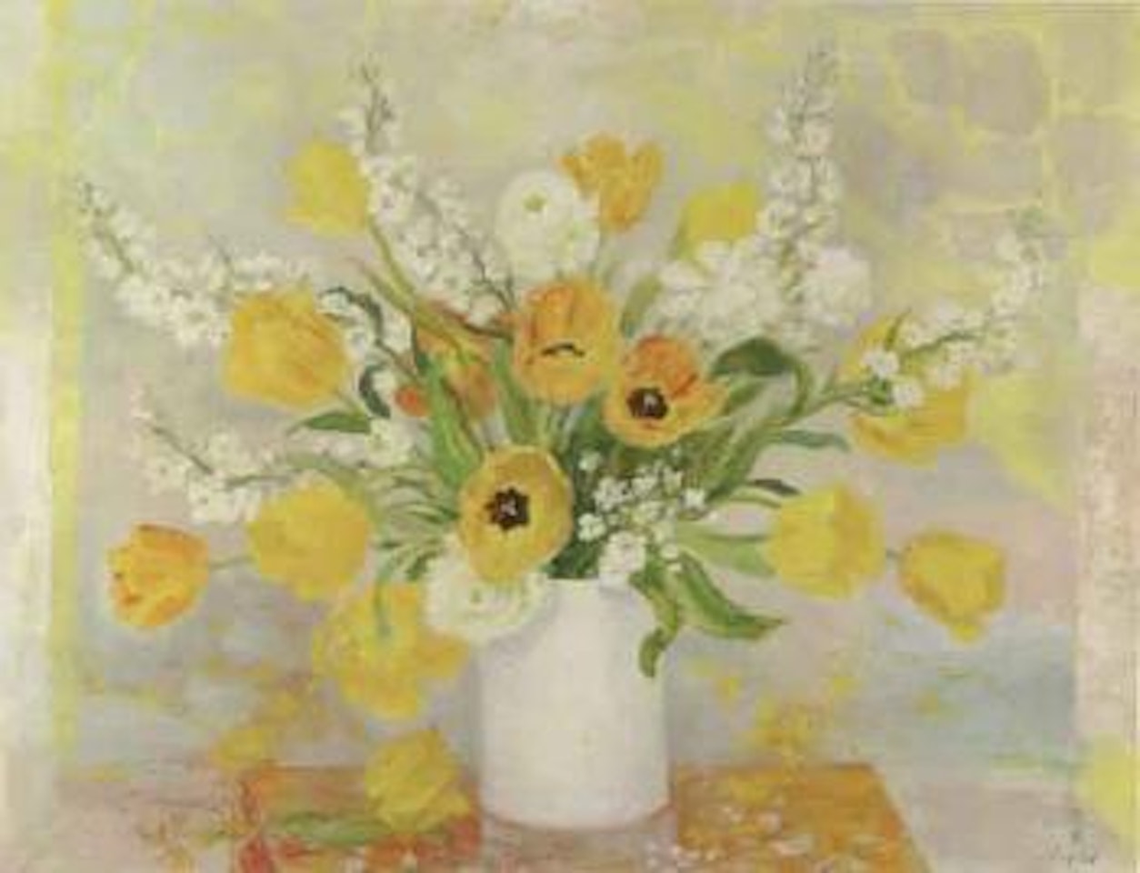 Yello tulips in white vase by Le Pho