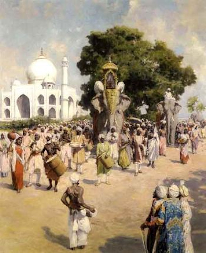 Landscape with Taj Mahal, figures and elephant by Italian School