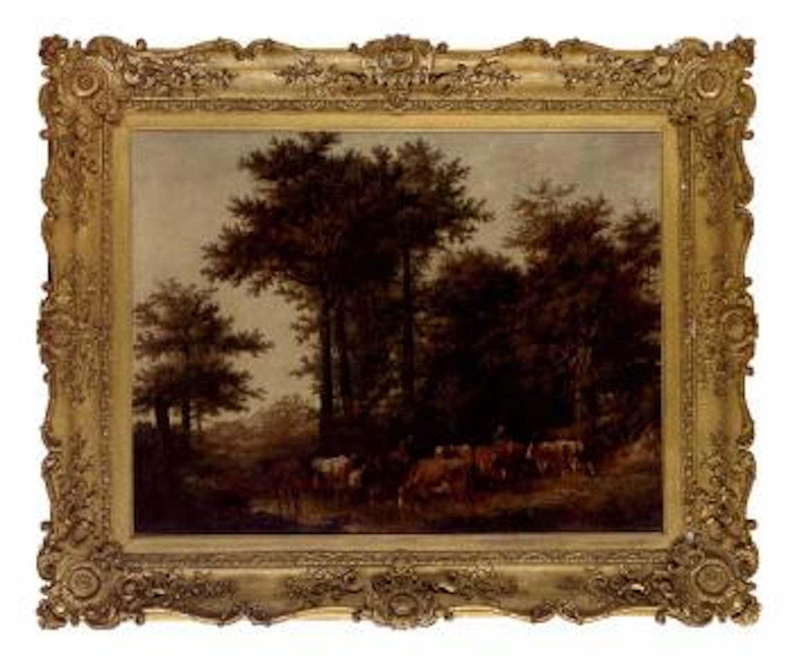 Cattle watering in a wooded landscape by Thomas Sidney Cooper