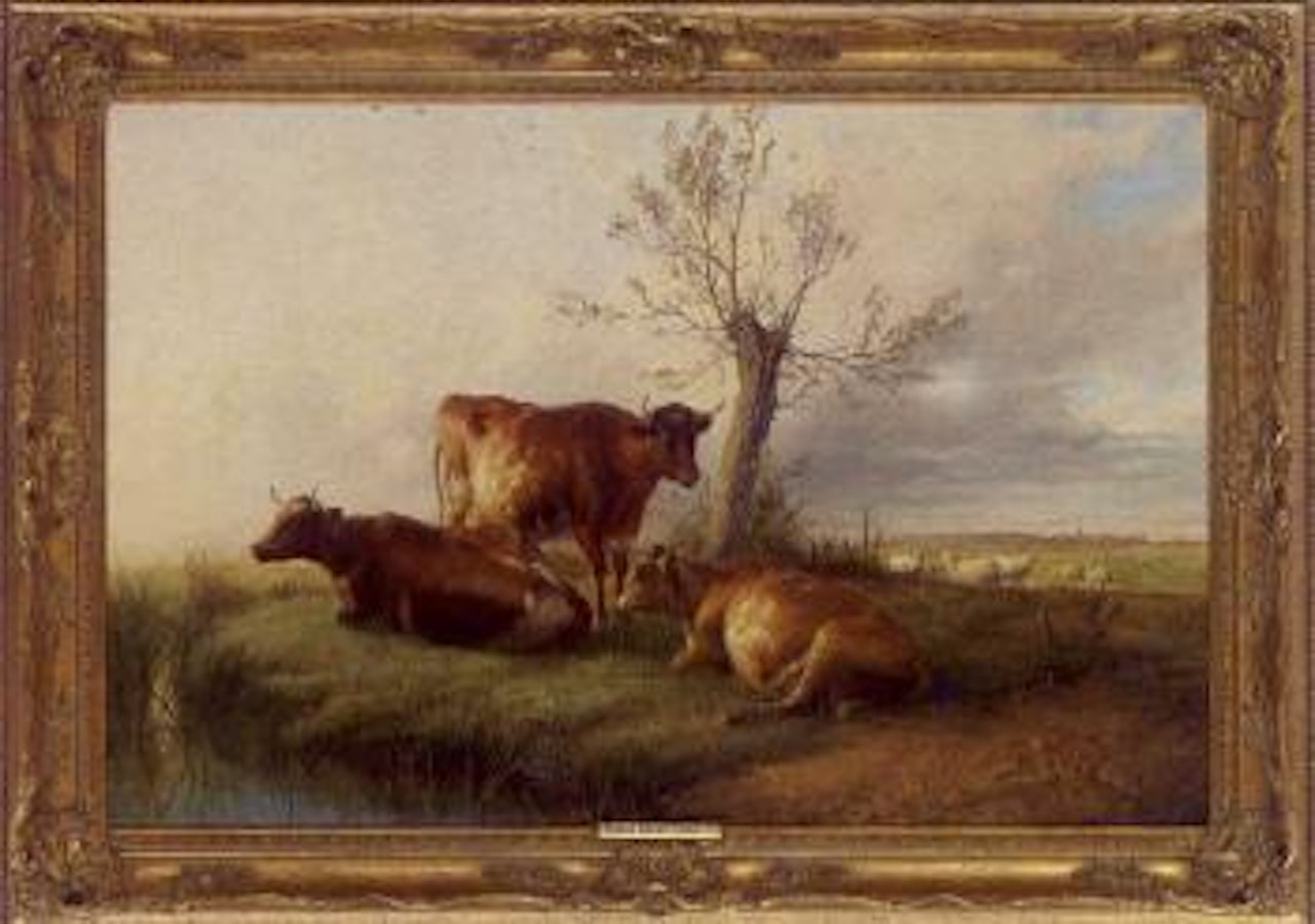 Cattle resting on a river bank, with sheep beyond by Thomas Sidney Cooper