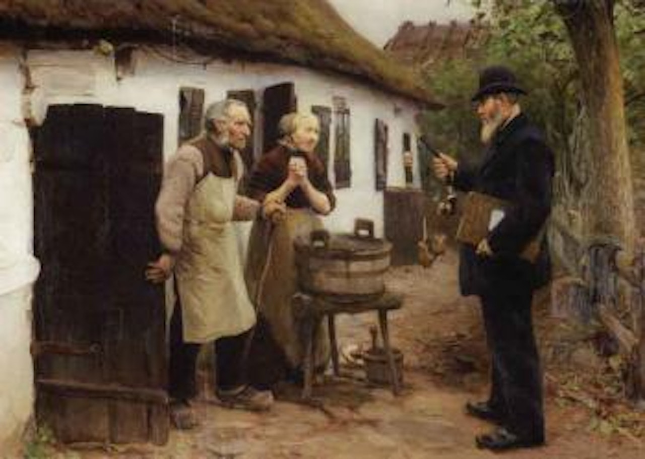 The old couple moving out of farmhouse with bailiff watching by Hans Andersen Brendekilde
