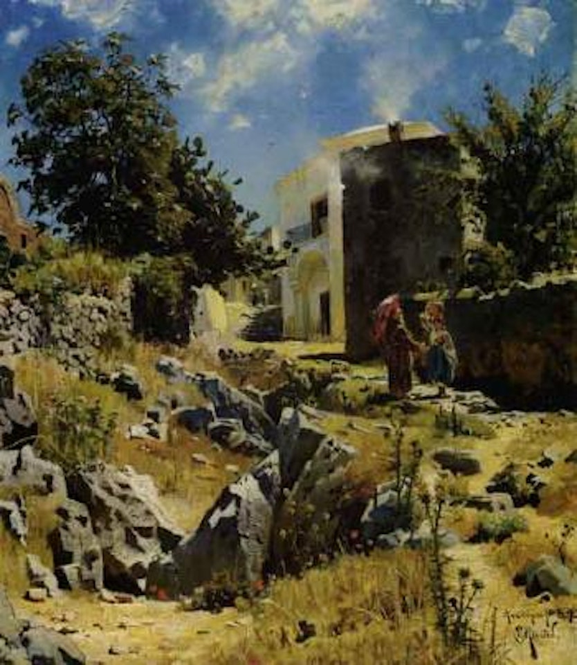 Summer's day at Anacapri with young girl and monk by Peder Mork Monsted