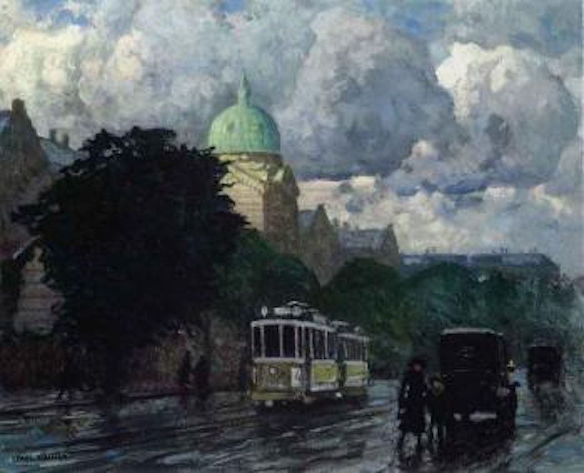 View from Copenhagen with trams, horse-taxi and figures by Paul Fischer