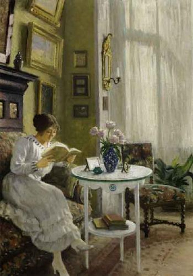 Interior scene with the artist's wife Musse reading by Paul Fischer