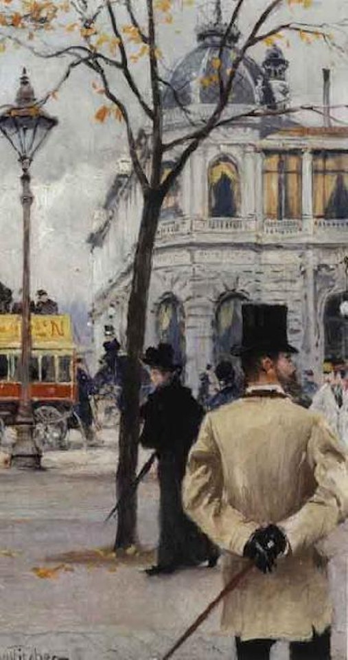 View from Copenhagen with figures in foreground, autumn by Paul Fischer