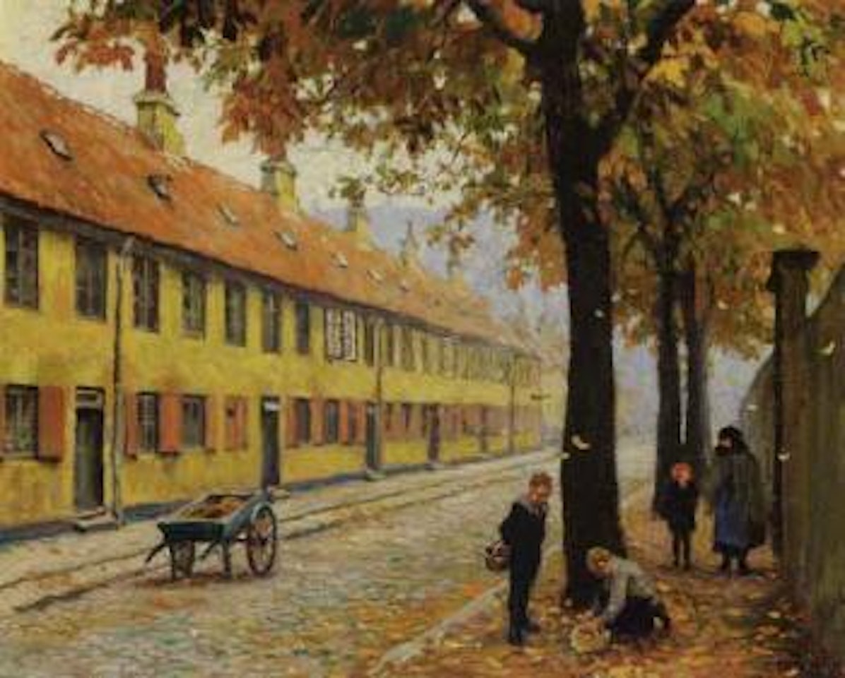 Street scene with two boys collecting conkers, Nyboder by Paul Fischer
