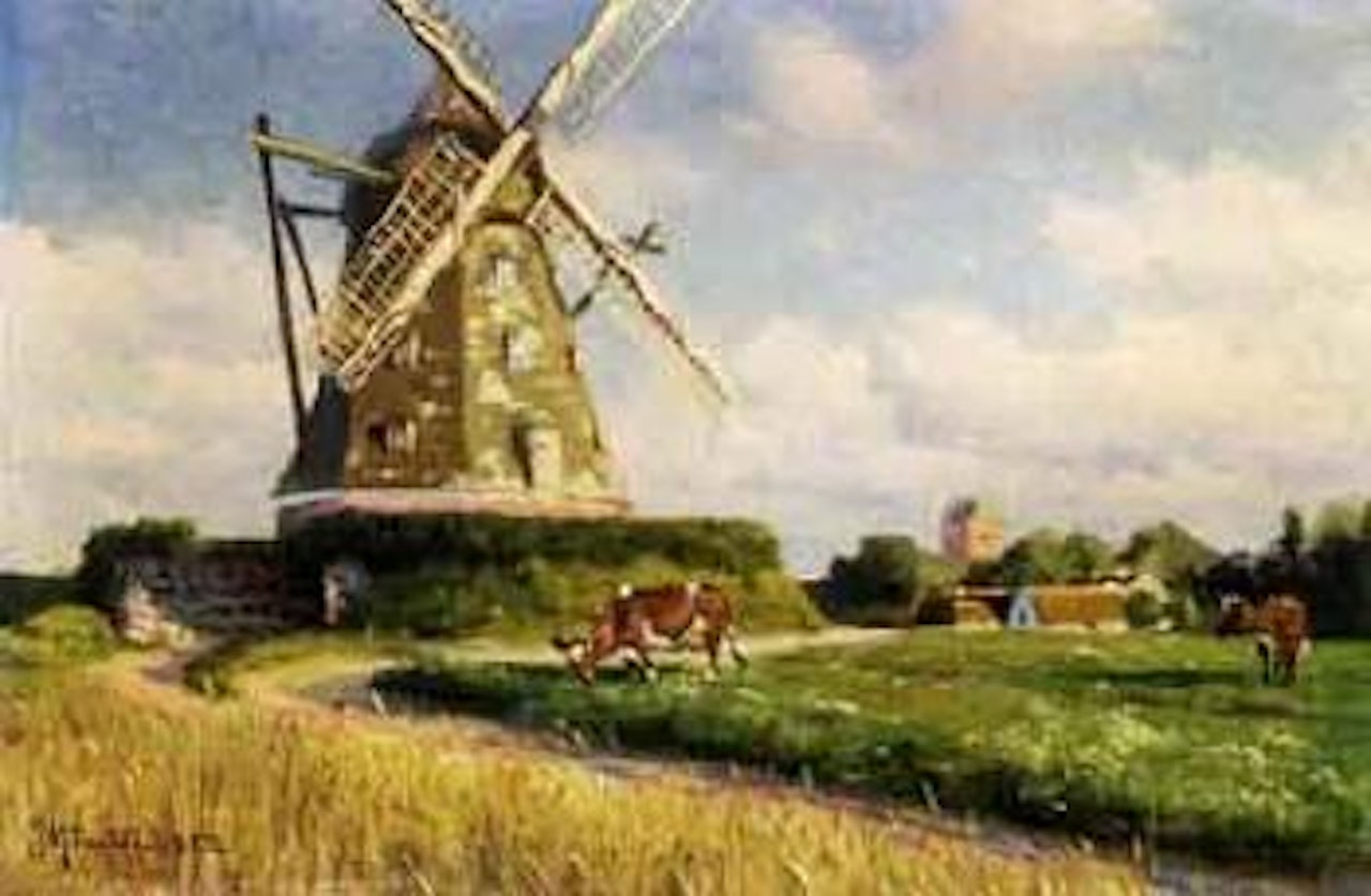Tikjob Mill with cattle grazing in summer by Peder Mork Monsted