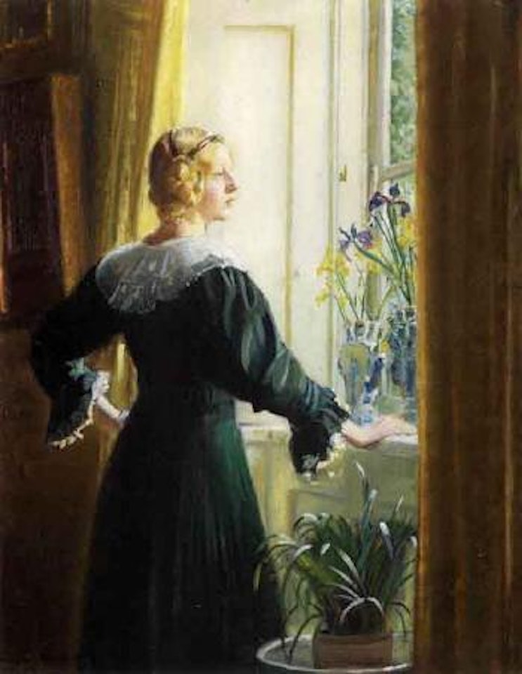 Interior scene with the artist's daughter Helga standing by window by Michael Ancher