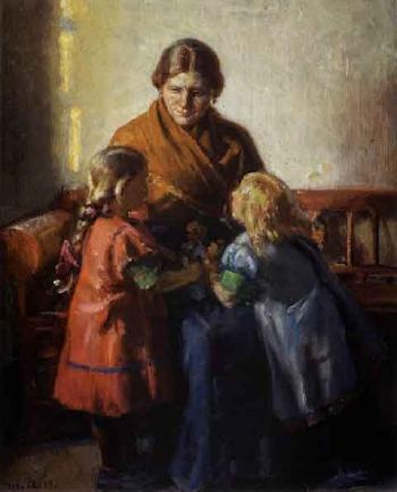 Interior scene with mother and two children by Michael Ancher