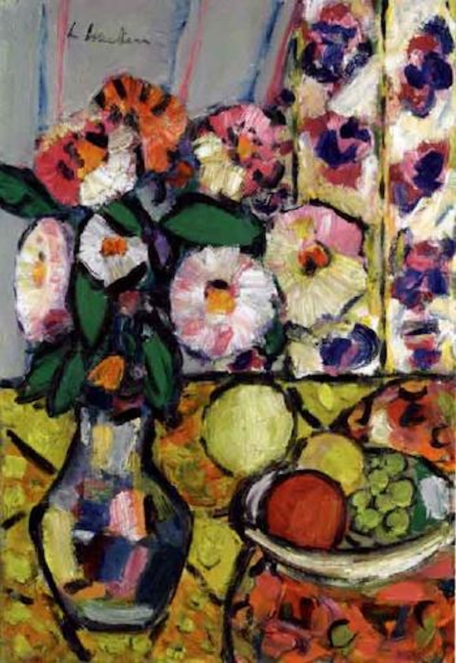 Still life with a vase of dahlias by George Leslie Hunter