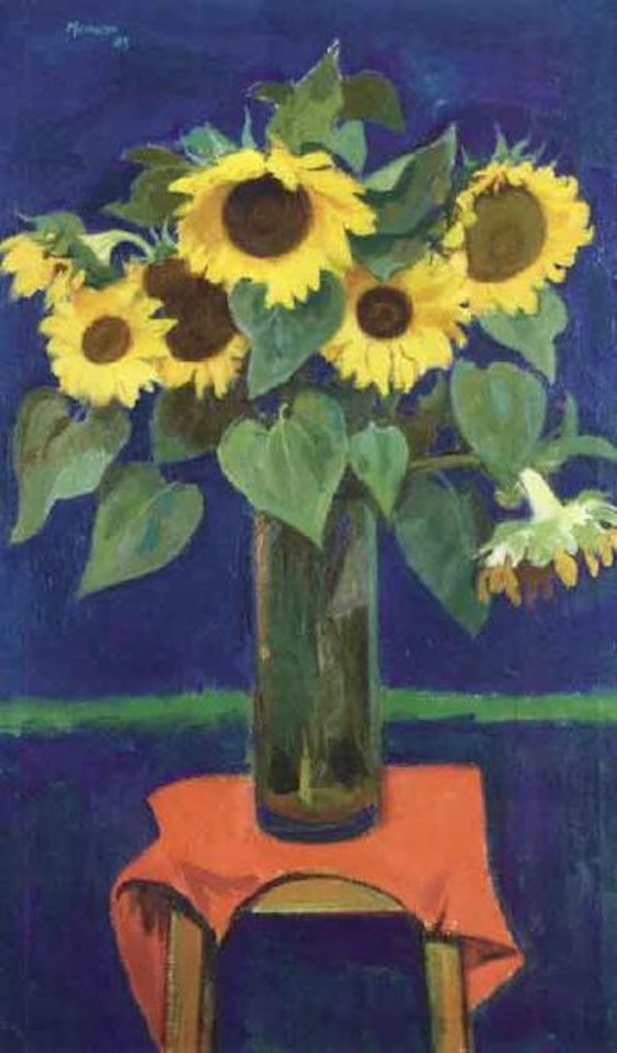 Sunflowers on a blue ground by Alberto Morrocco
