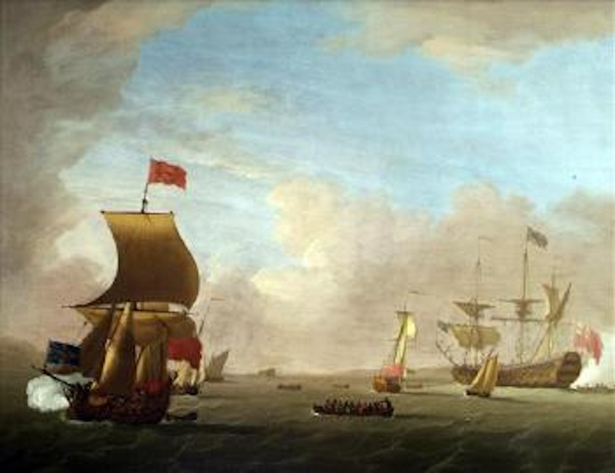 Men o'war and other vessels in a wide estuary by Peter Monamy