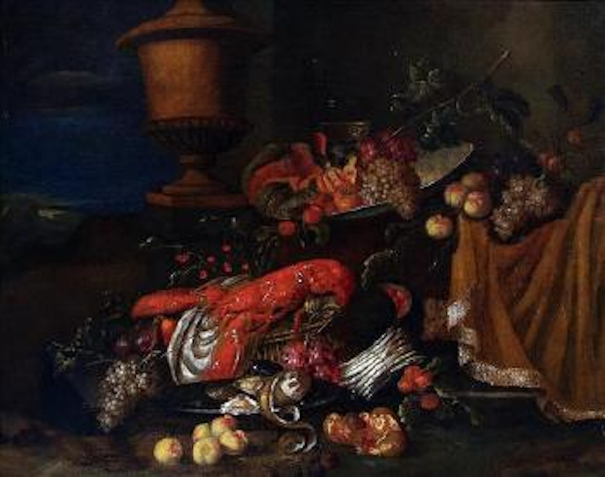 Still life of fruit, lobster, platter and an urn by Jan Pauwel Gillemans