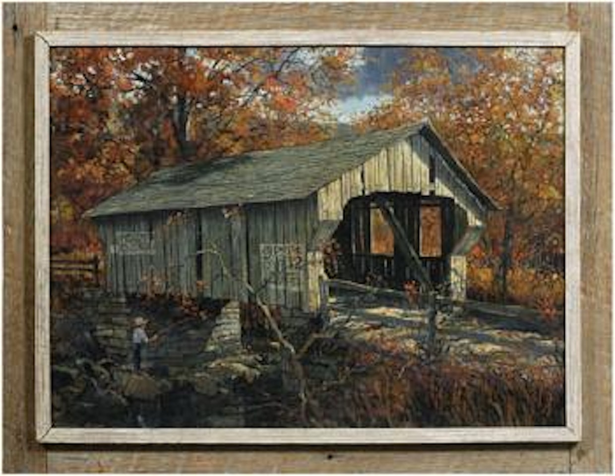 Old bridge, boy fishing below a covered bridge by Eric Sloane