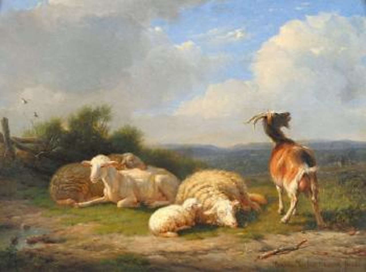 Landscape with resting sheep and goat by Eugène Joseph Verboeckhoven