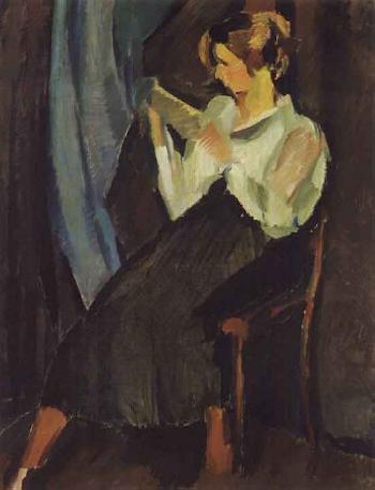 Young lady reading newspaper by Harald Giersing