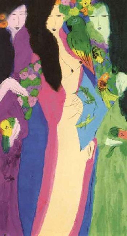 Three women with parrot by Walasse Ting