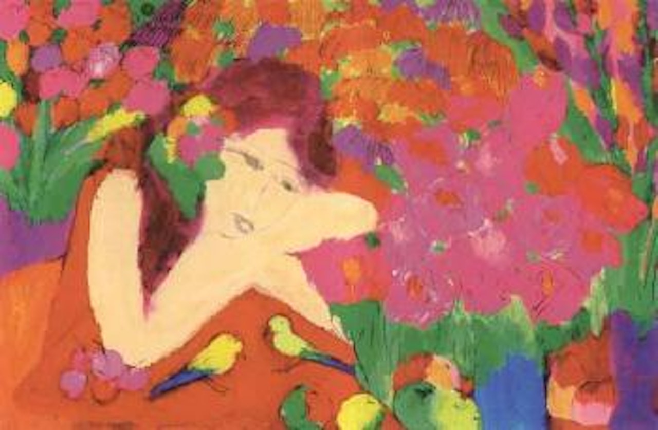 Women with flowers and parrot by Walasse Ting