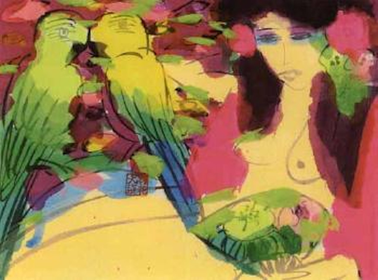 Woman with parrots by Walasse Ting