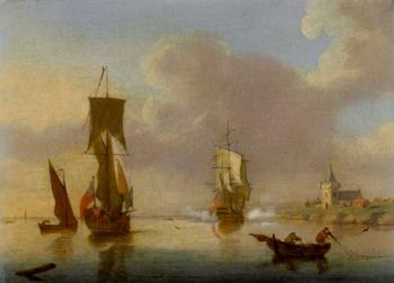A flagship arriving off a coastal town with an Admiralty yacht astern by Francis Swaine