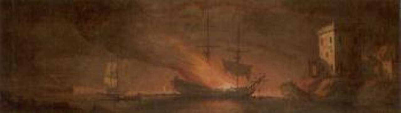 Two English Men-o'-War and a hoy. Man-o'-War ablaze by Peter Monamy