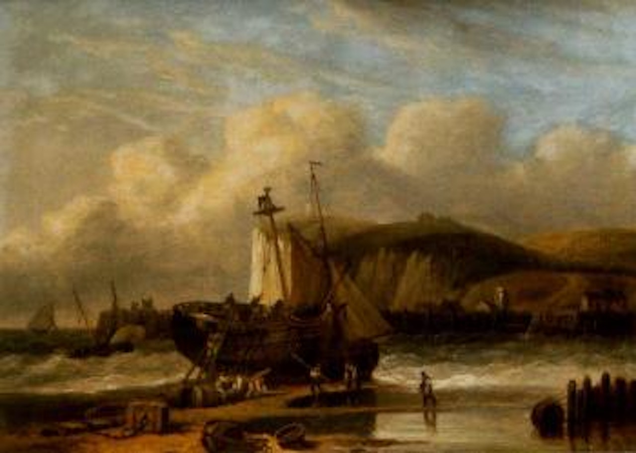 Repairing a beached hulk near a south coast harbour entrance by Thomas Luny