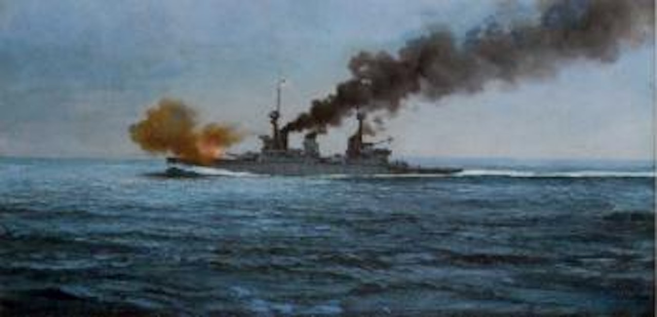 HMS Inflexible firing her first salvo at the Battle of the Falkland Islands by Montague Dawson