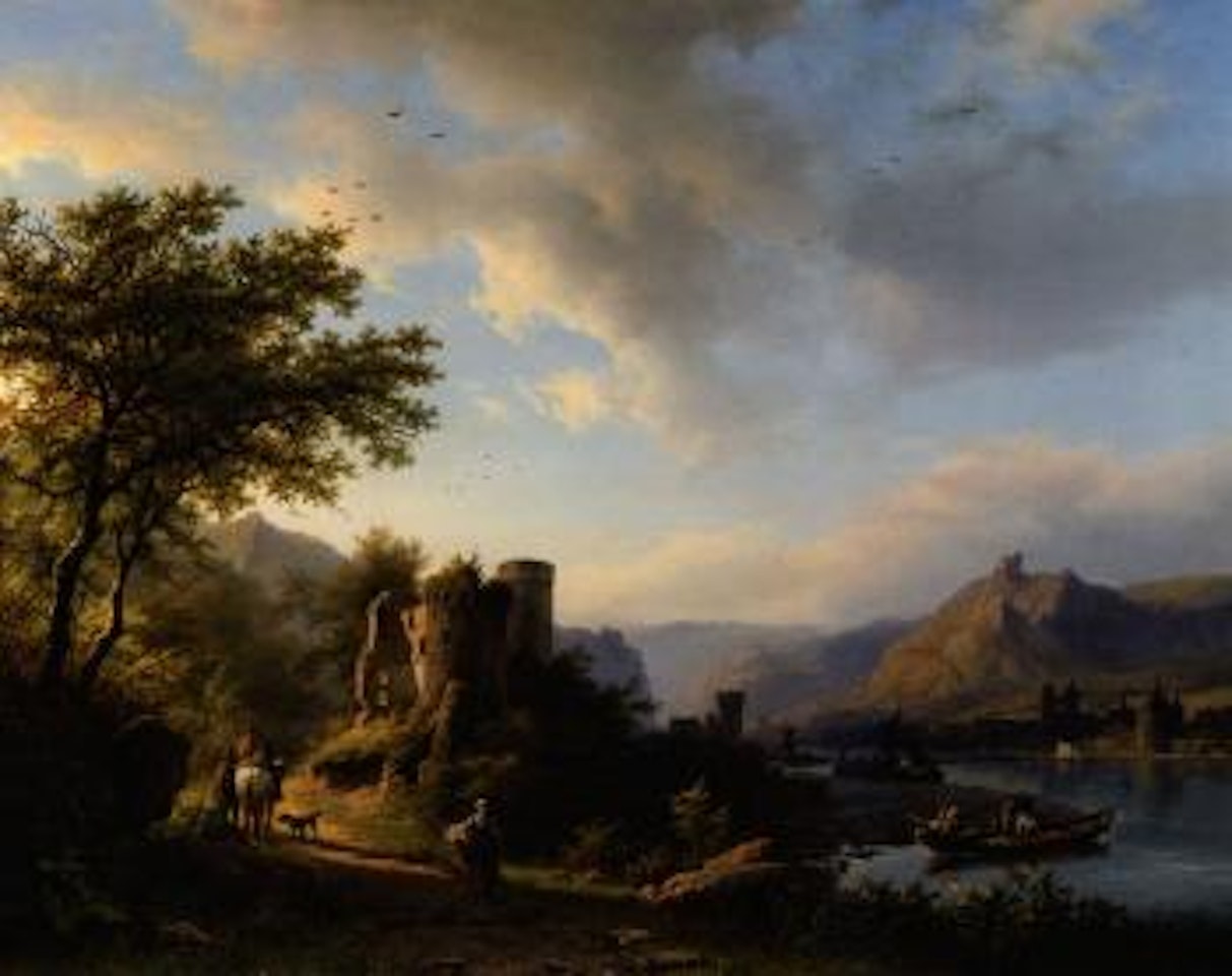 Landscape with travellers and boats along the Moselle River by Barend Cornelis Koekkoek