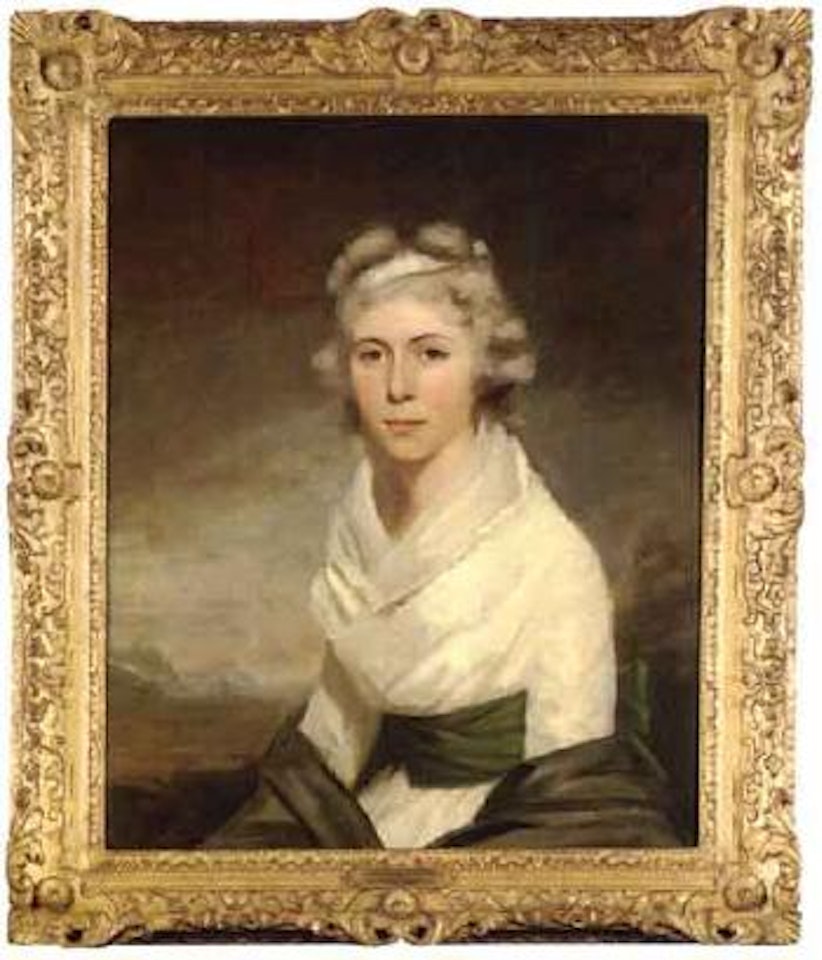 Portrait of Mrs George Wood, in a white dress with a green sash and black shawl by Henry Raeburn