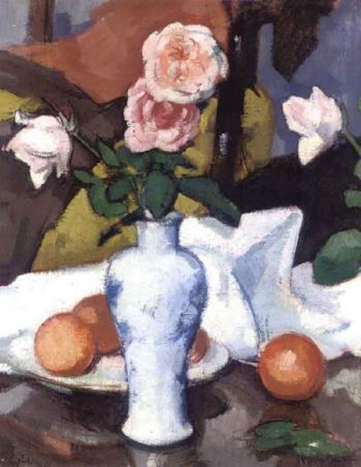 Roses in a vase with oranges and a white tablecloth by Samuel John Peploe
