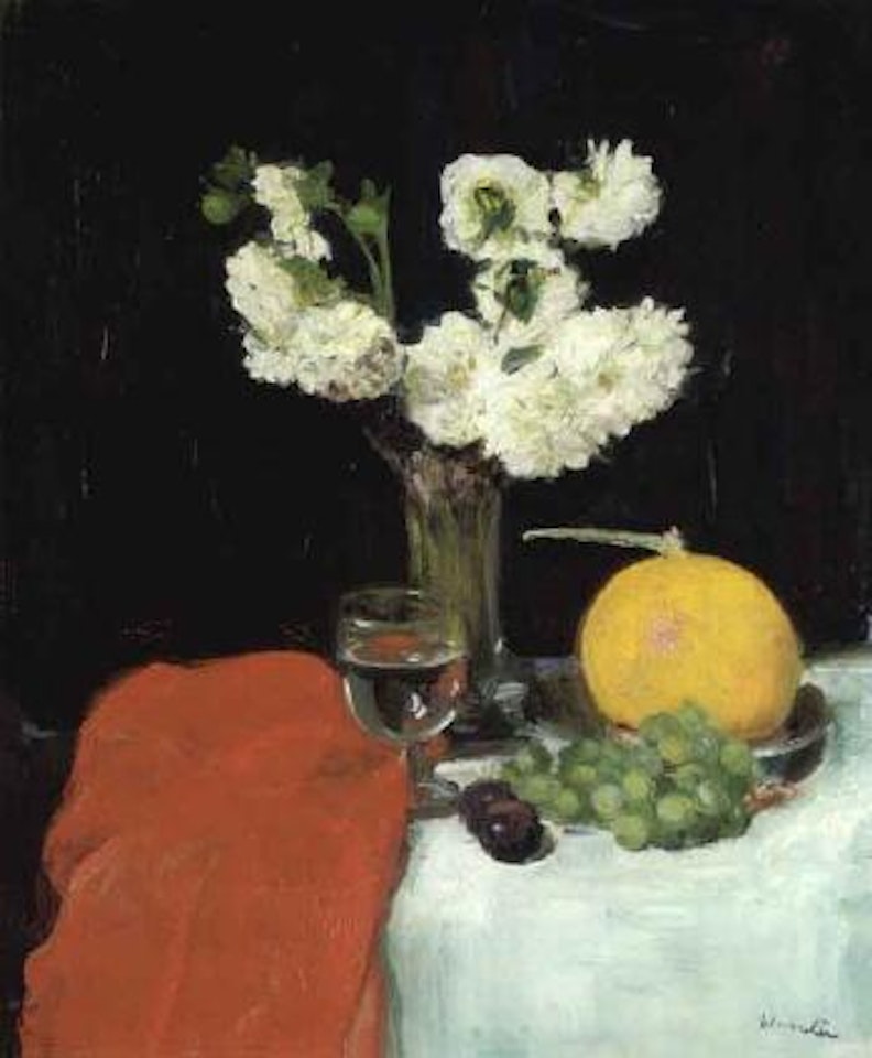 Still life of dahlias, a wine glass and melon by George Leslie Hunter