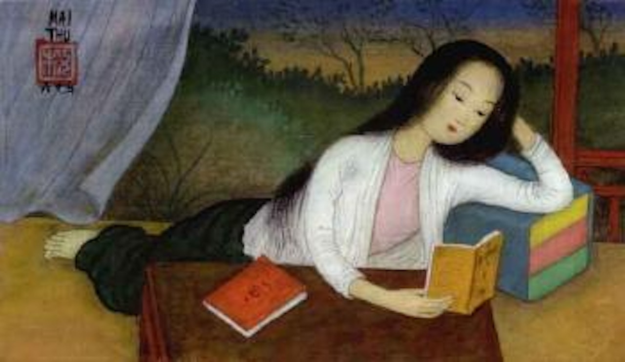 Jeune femme allongee lisant by Mai Trung Thu