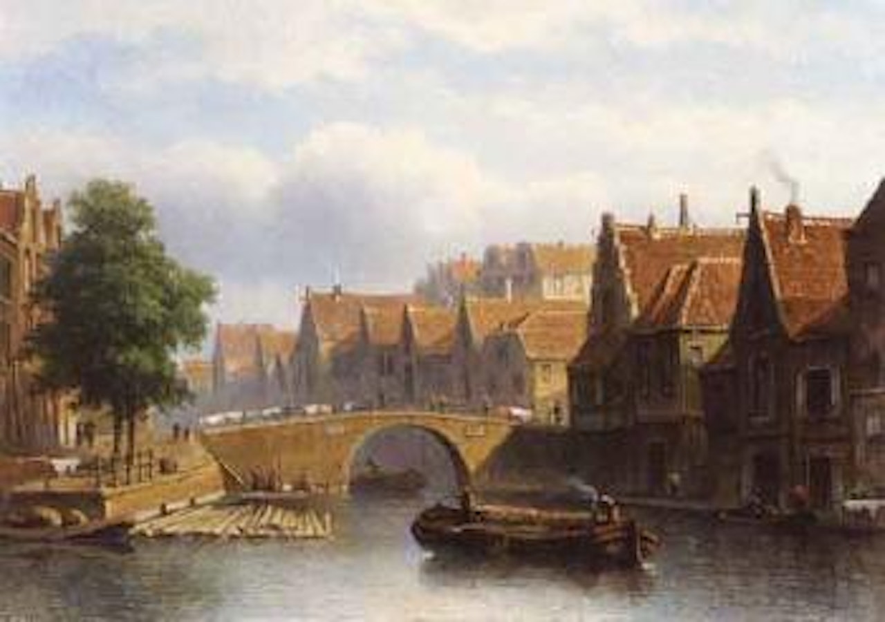 Canal in busy Dutch town by Eduard Alexander Hilverdink
