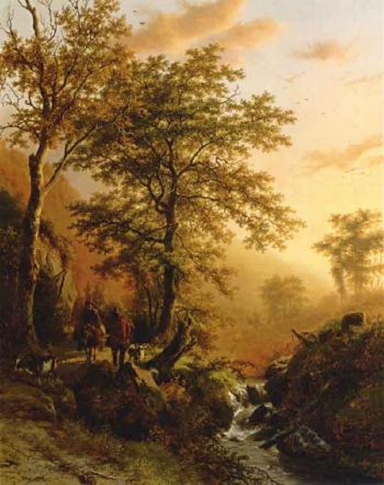 Traveller and herdsman in mountainous landscape by Barend Cornelis Koekkoek