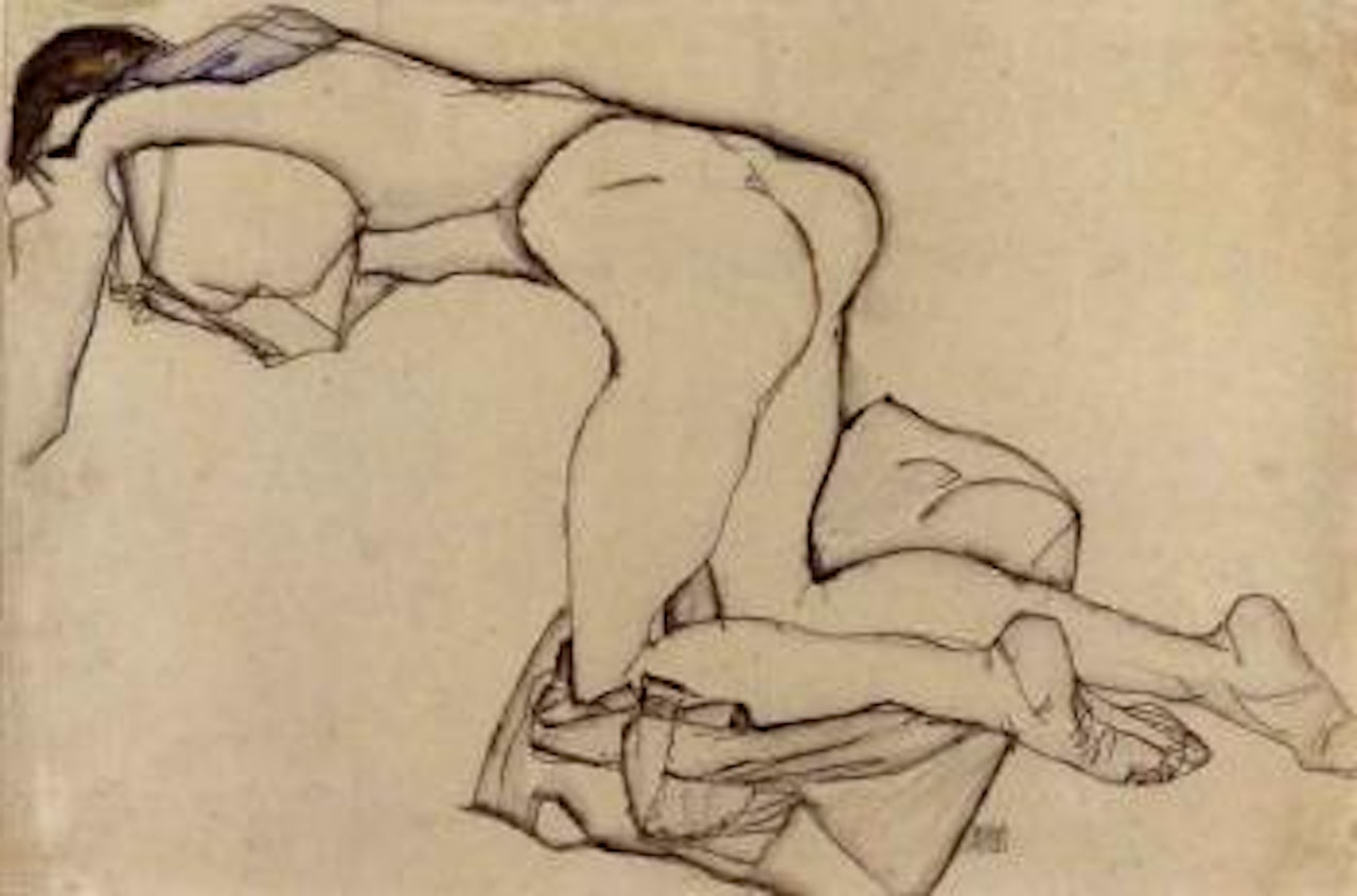 Nude girl kneeling on cloth by Egon Schiele