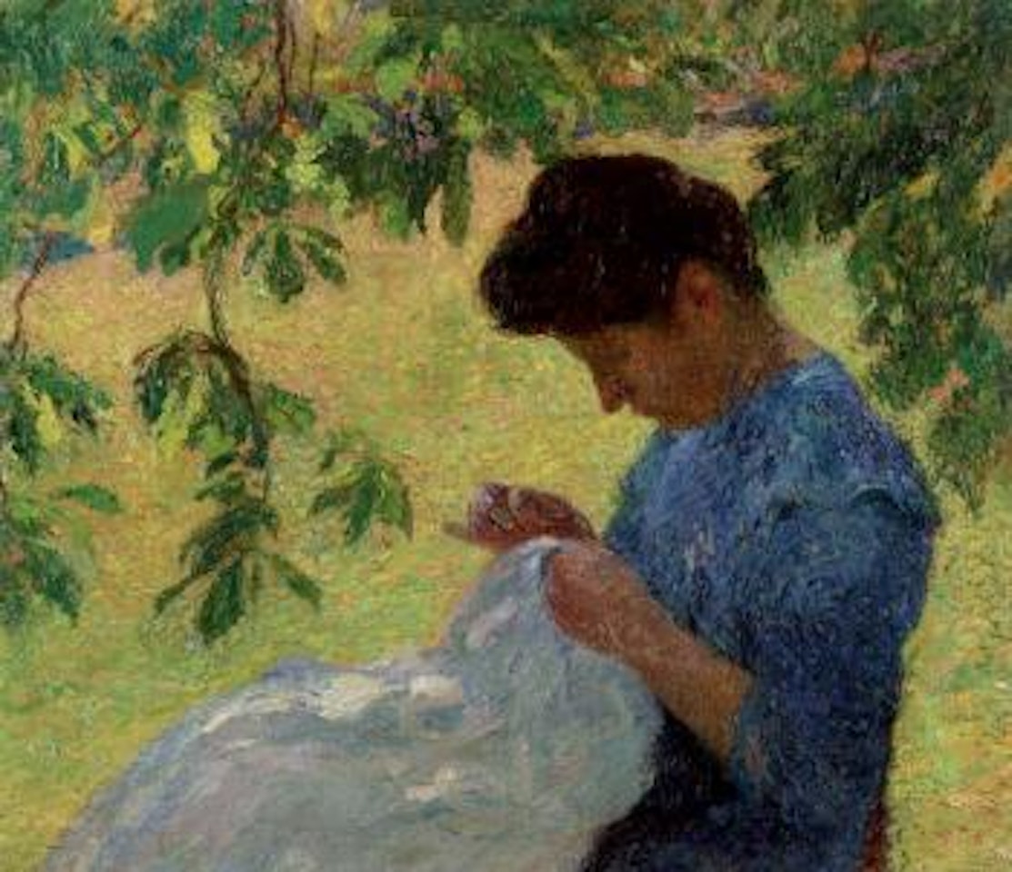 Jeune femme cousant au jardin by Henri Jean Guillaume Martin